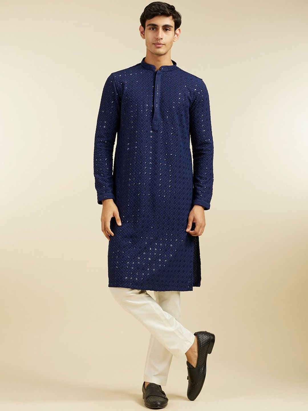 Diwas by Manyavar Geometric Chikankari Embroidered & Sequinned Mandarin Collar Kurta