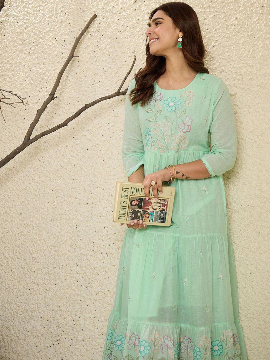 Indo Era Floral Embroidered Thread Work A-Line Pure Cotton Kurta