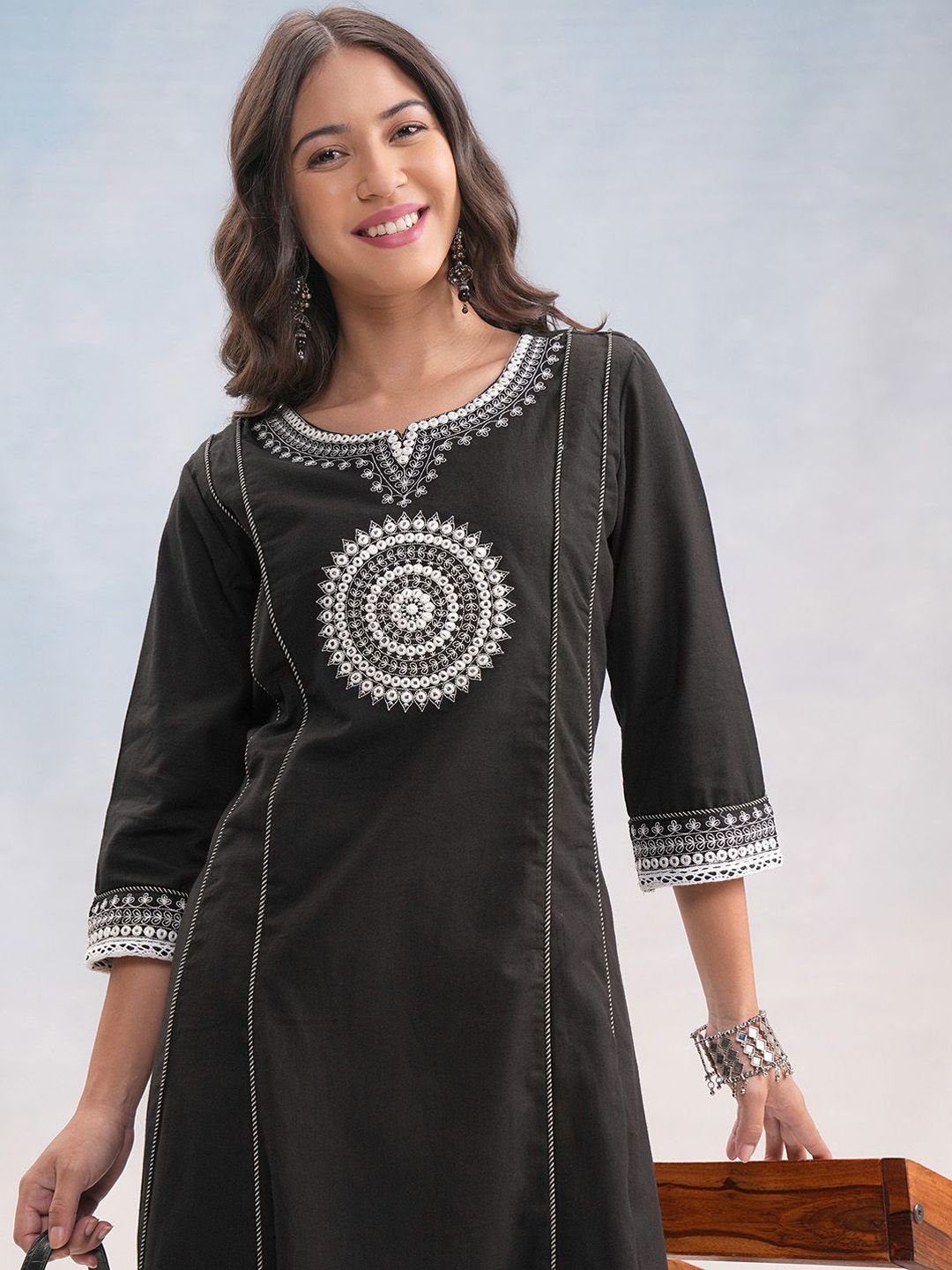Vishudh Black & Silver Toned Ethnic Motifs Embroidered Cotton A Line Kurta with Palazzos