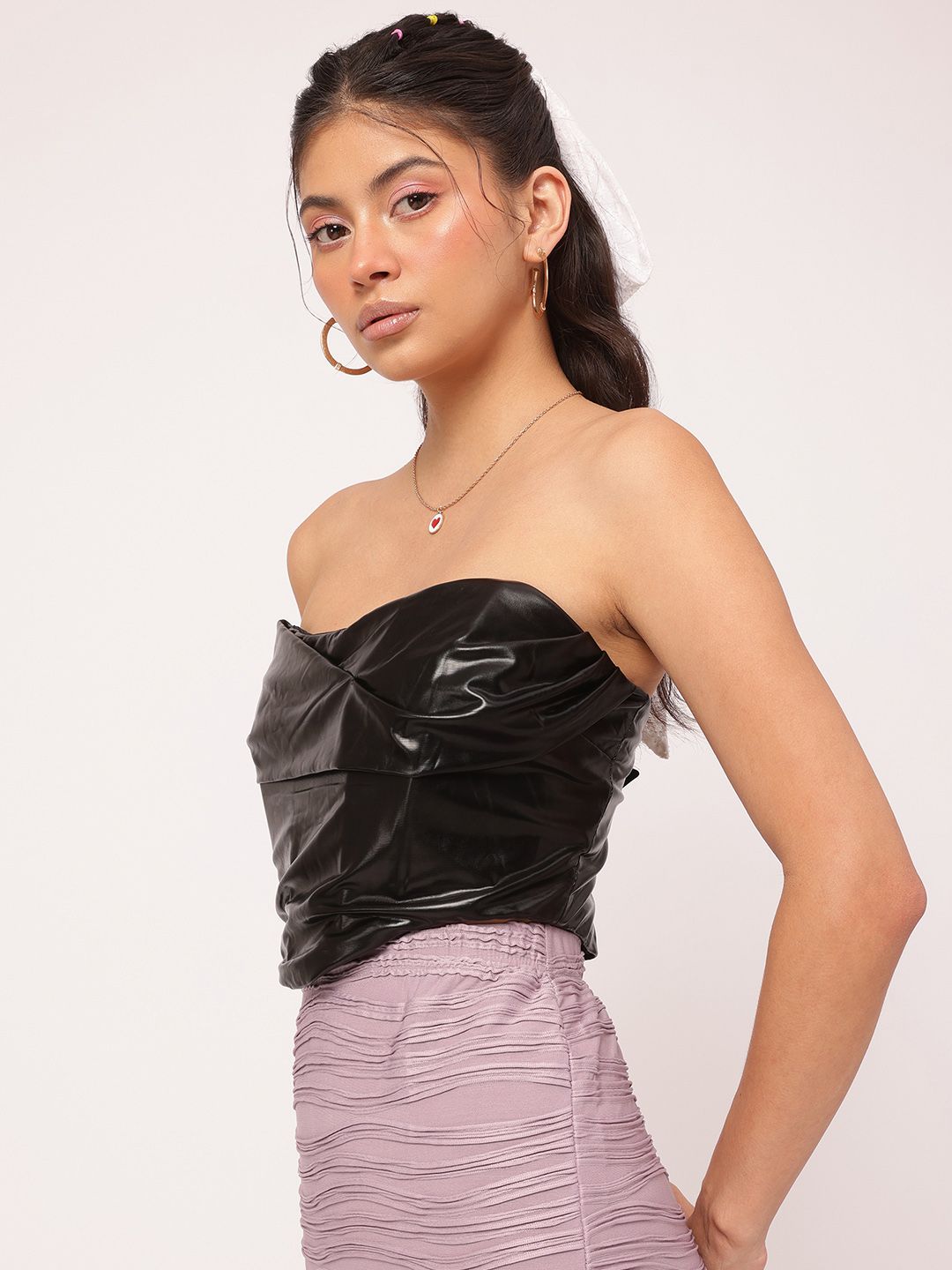 DressBerry Chic Sheen Faux Leather Corset Crop Top