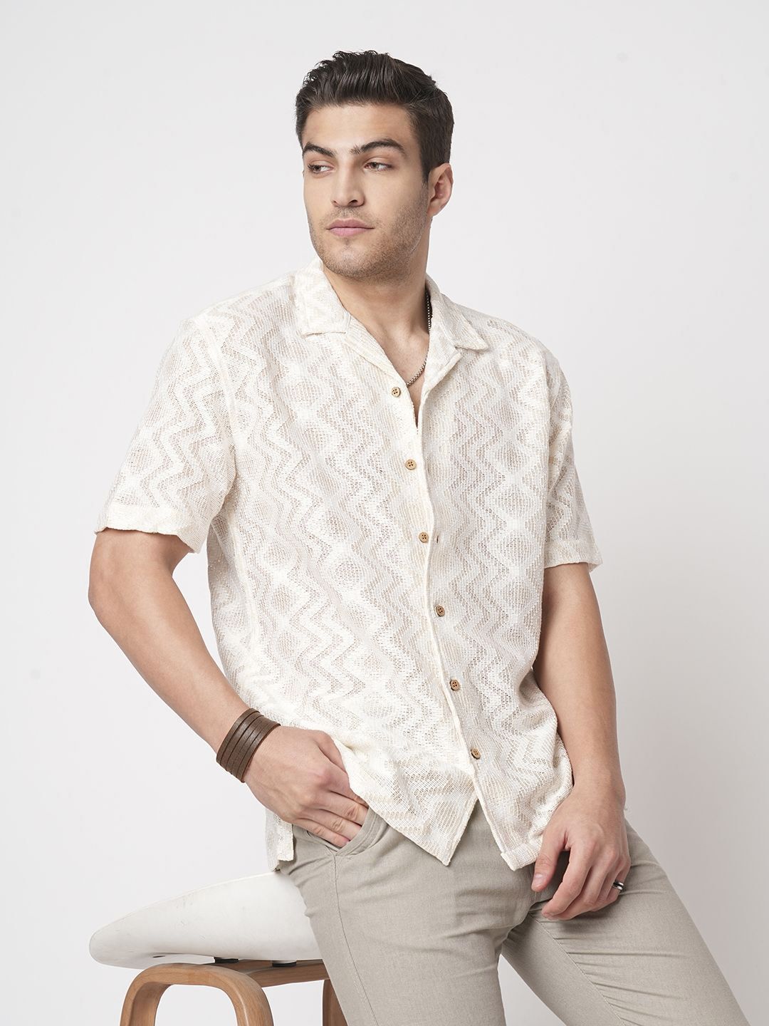 VASTRADO Pure Cotton Crochet Notch Collar Oversized Shirt