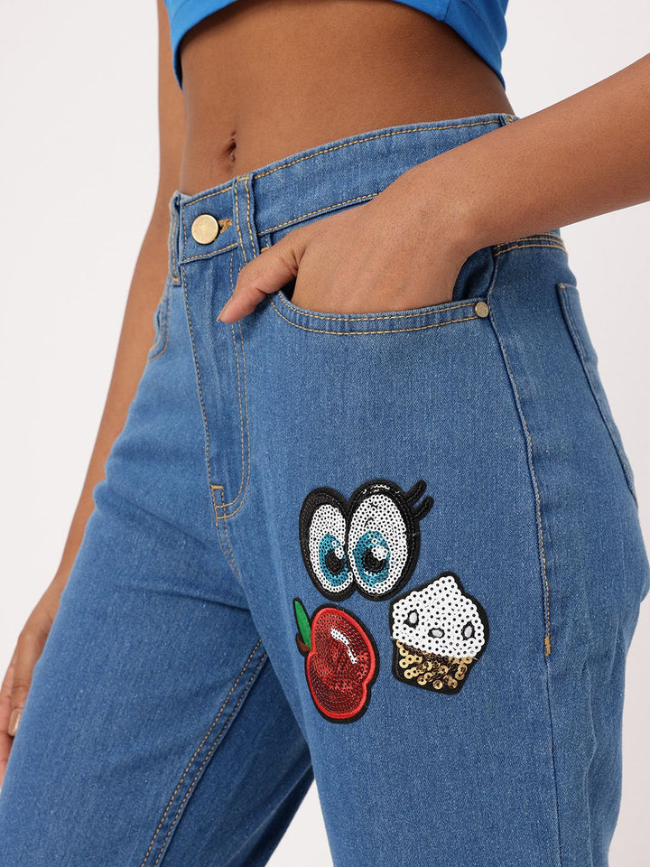 DressBerry Women Bold Grunge Embellished Sequined Mom Fit Jeans