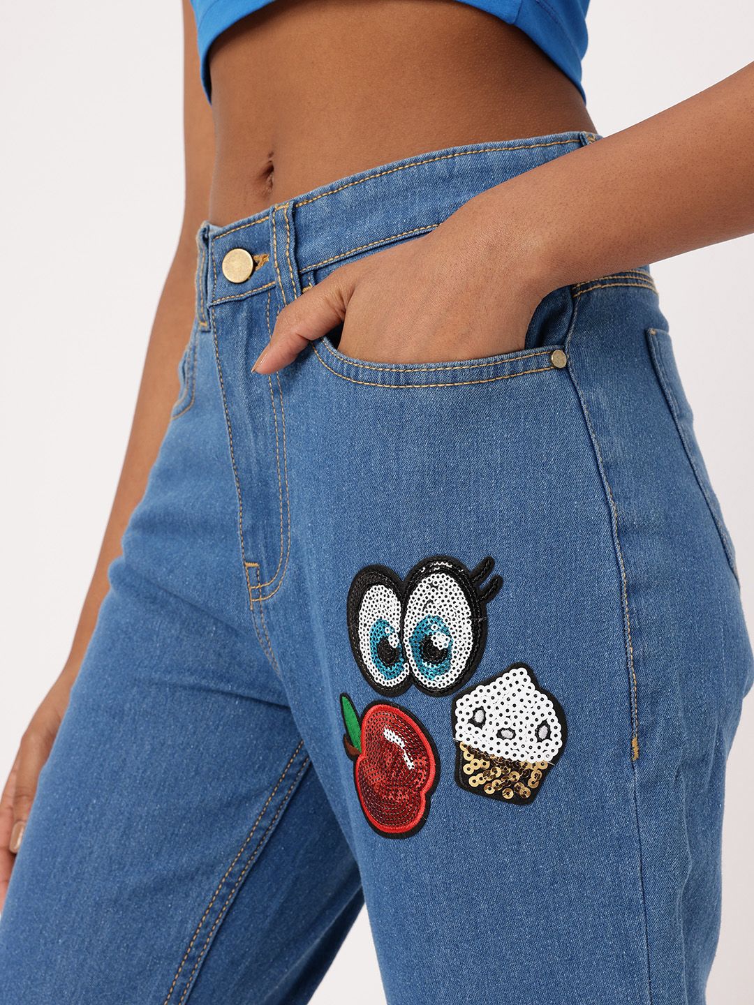 DressBerry Women Bold Grunge Embellished Sequined Mom Fit Jeans