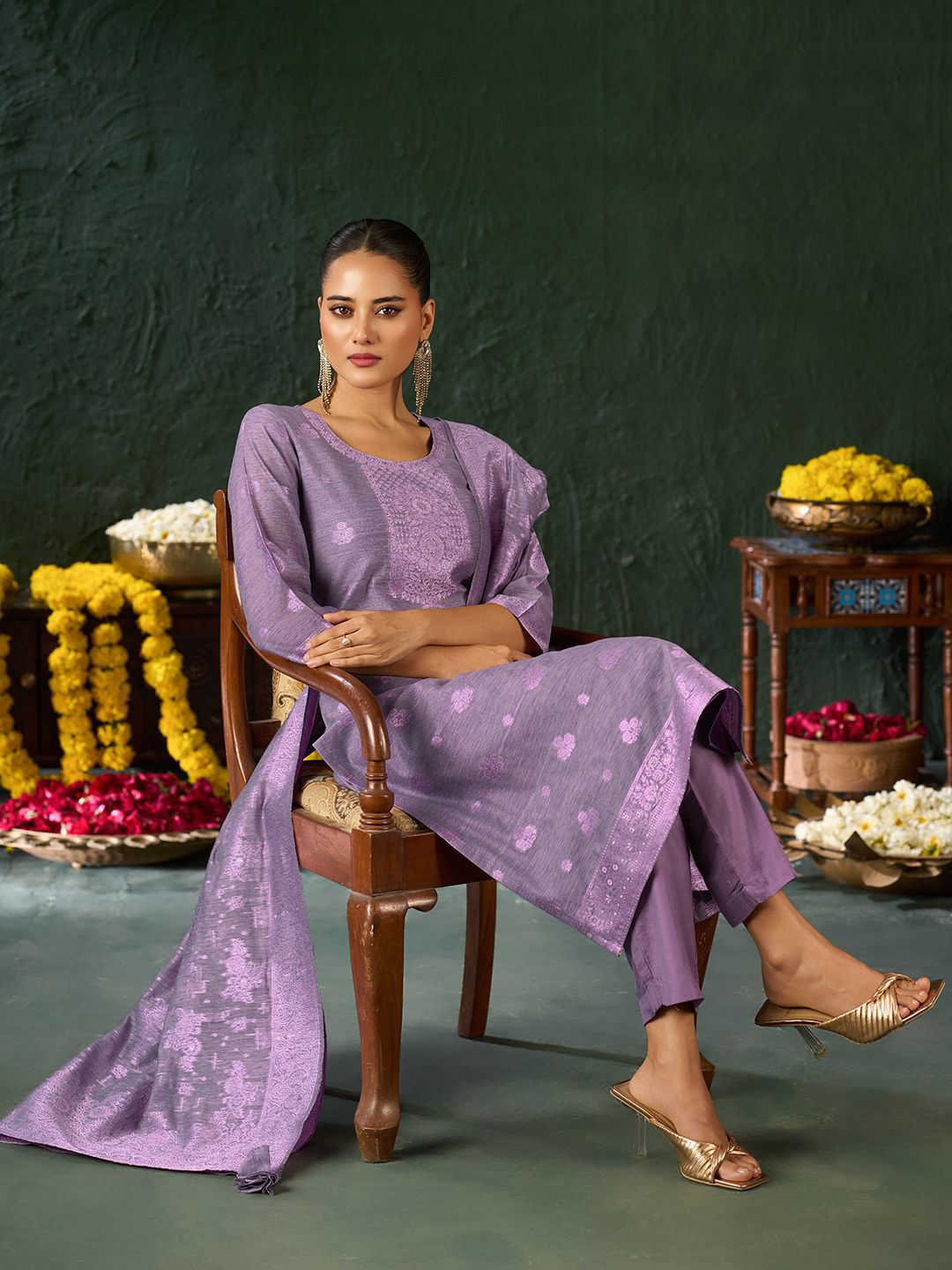 KALINI Women Self Design Thread Work Kurta with Trousers & With Dupatta