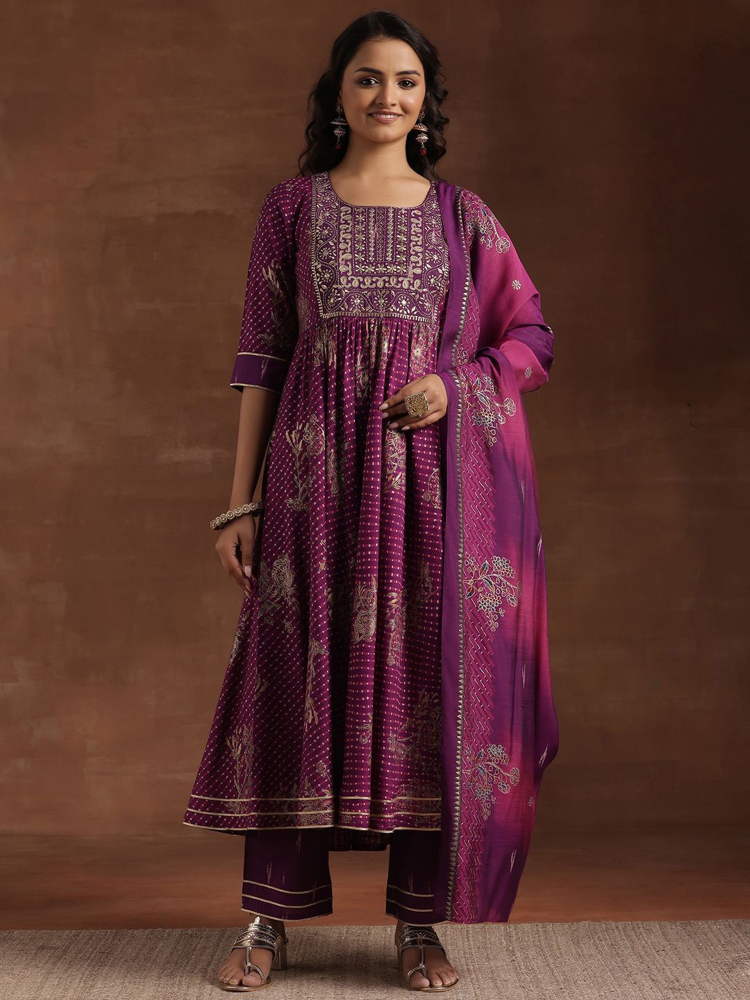 Libas Floral Printed Pleated Gotta Patti Kurta with Trousers & Dupatta
