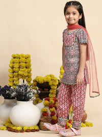 Cutiekins Girls Ethnic Motifs Printed Puffed Sleeves Straight Kurta with Salwar & Dupatta