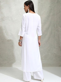 Vishudh White Floral Embroidered Thread Work Straight Kurta With Palazzos