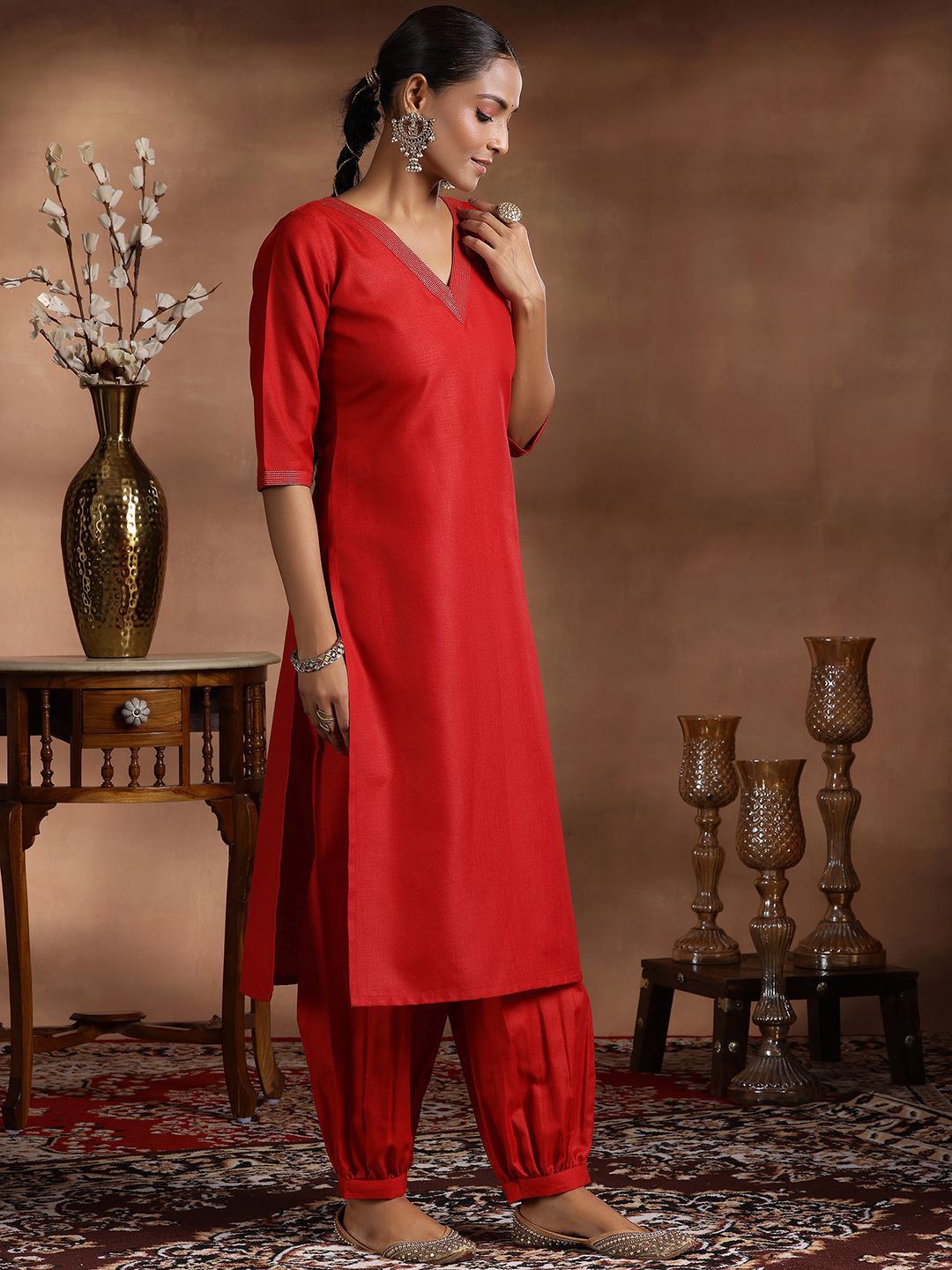 Libas Zari V-Neck Straight Kurta With Salwar & Dupatta
