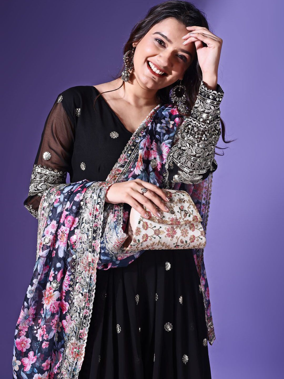 KALINI Floral Embroidered Sequinned V Neck Georgette Anarkali Kurta