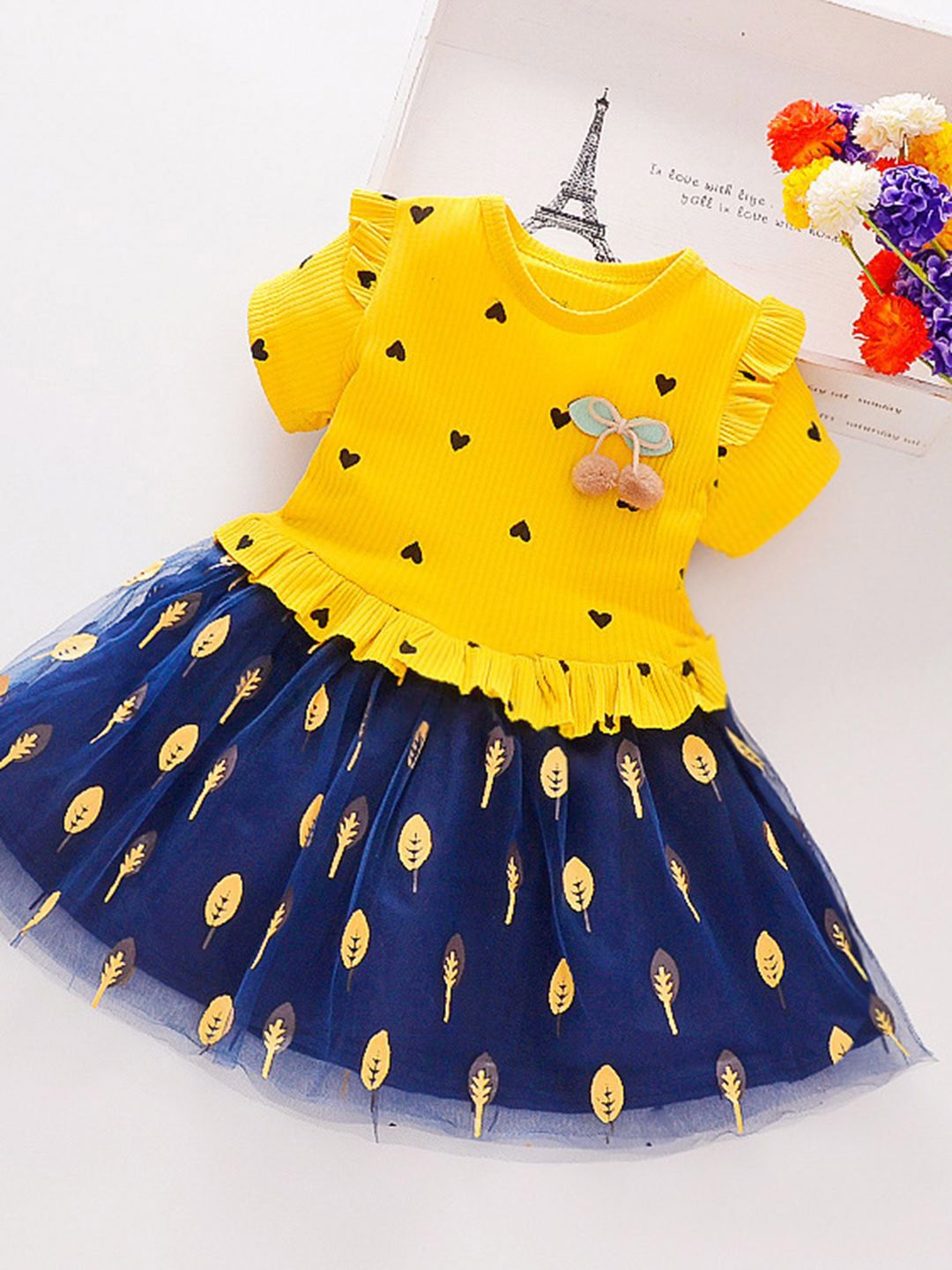 YK Girls Heart Printed Fit & Flare Dress