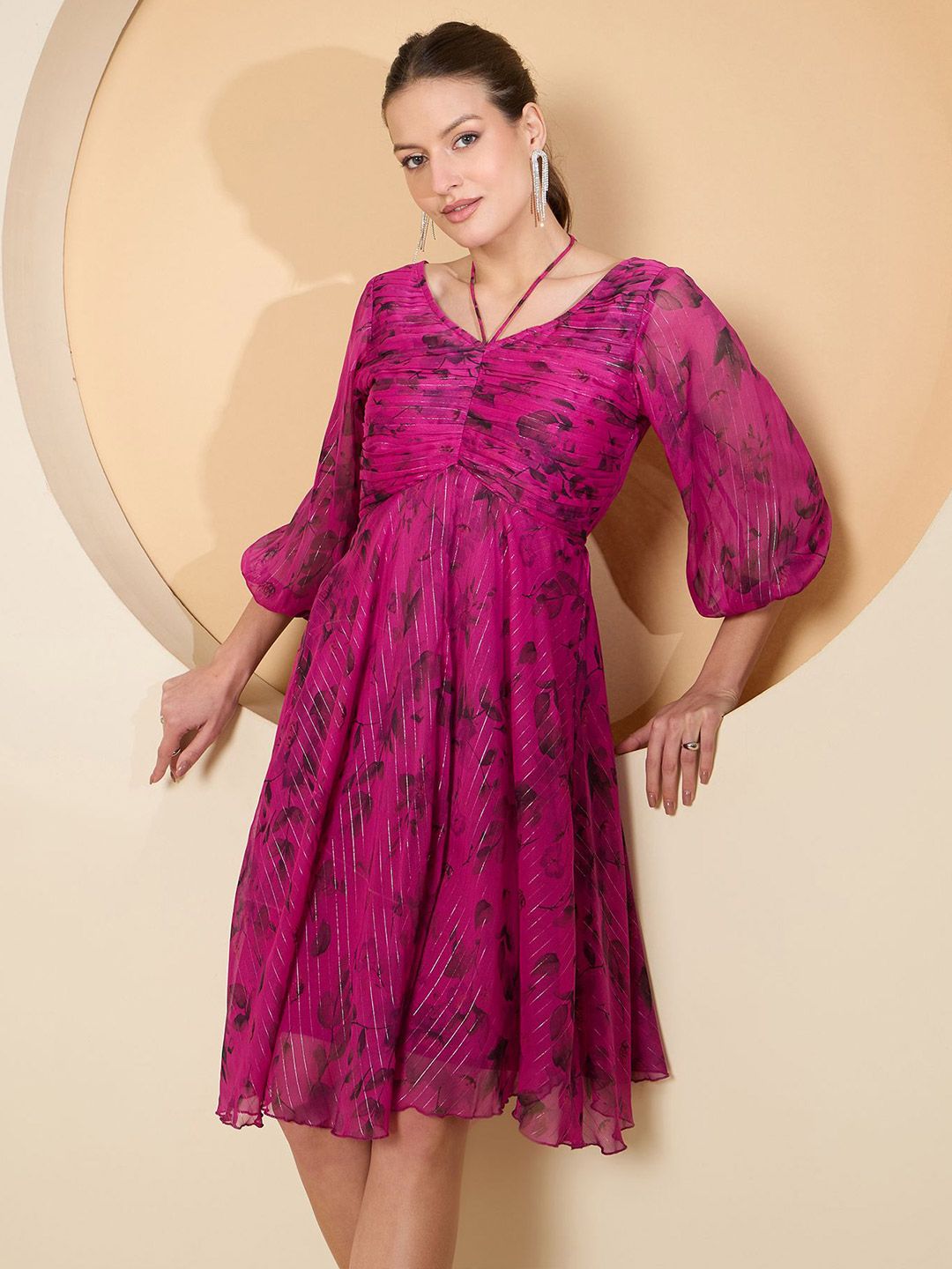 Antheaa Floral Puff Sleeve Chiffon Empire Dress