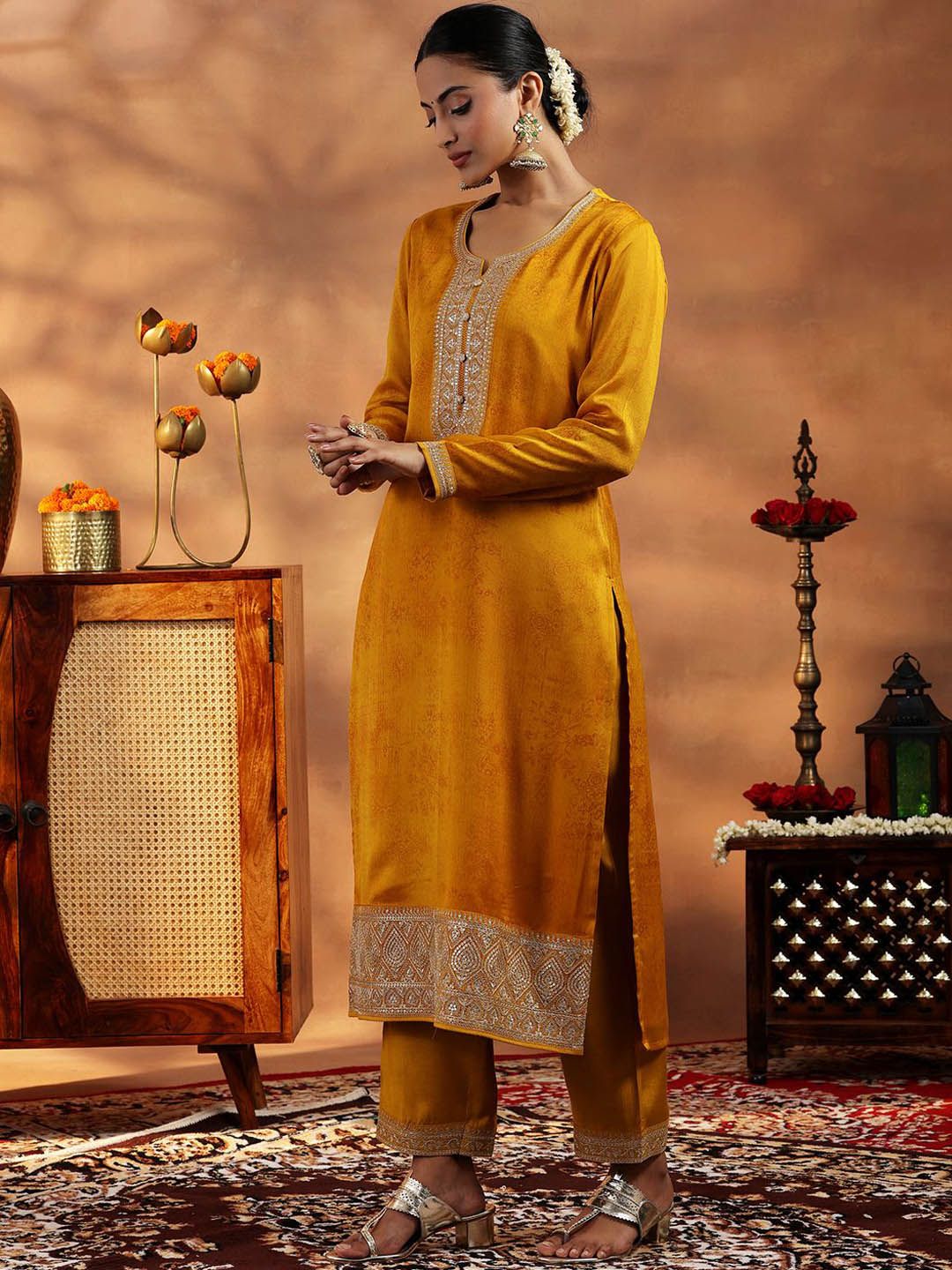 Libas Floral Embroidered Sequinned Straight Kurta With Trousers & Dupatta