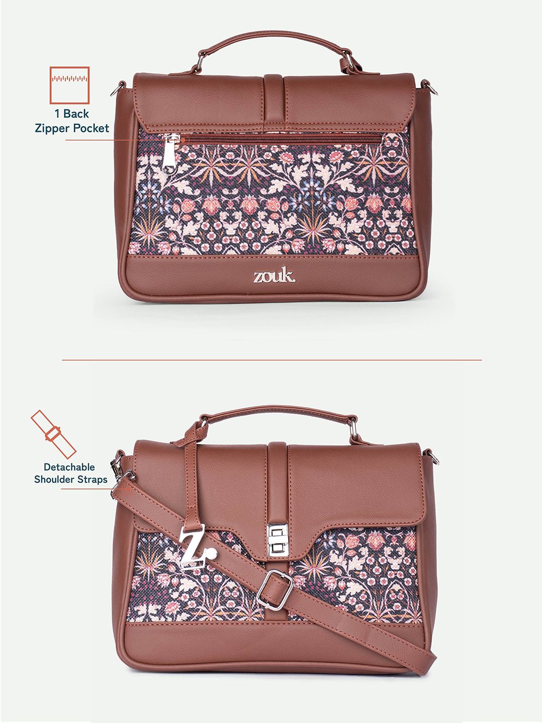 ZOUK Floral Printed Structured Satchel