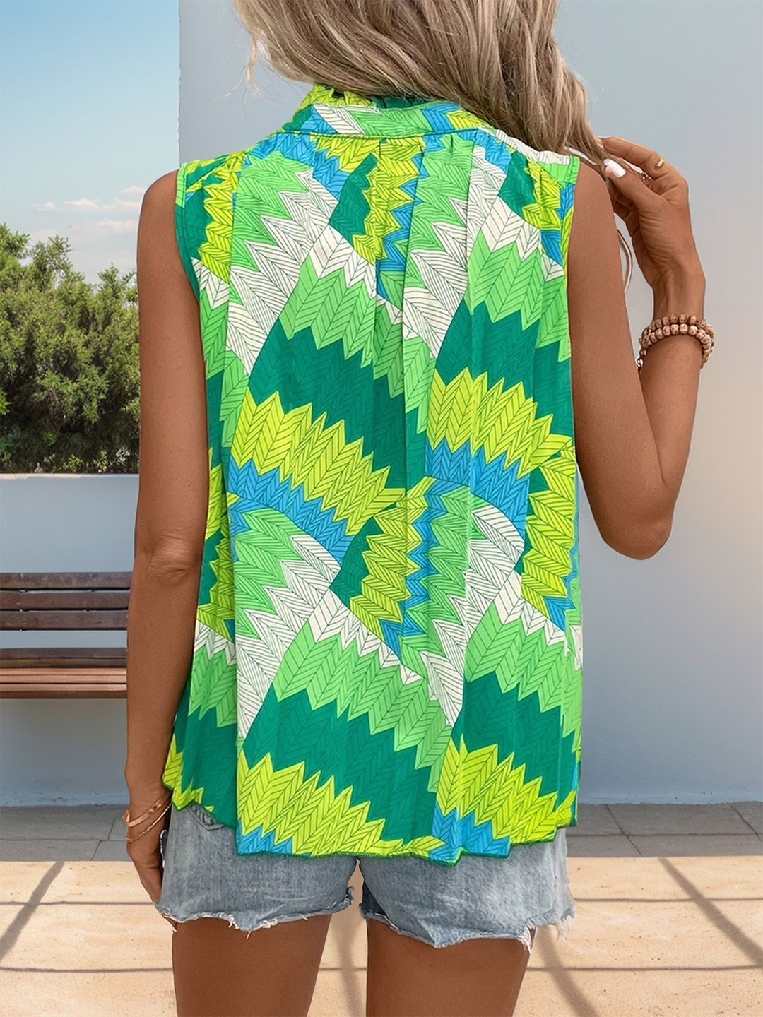 DressBerry Printed Tie-Up Neck Ruffled Longline Top