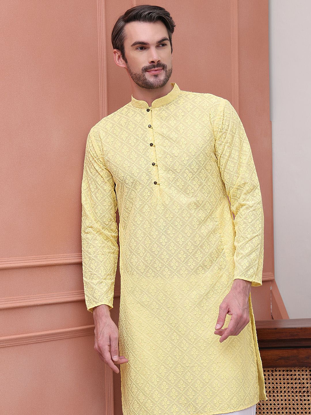 Jompers Floral Embroidered Mandarin Collar Chikankari Pure Cotton Straight Kurta