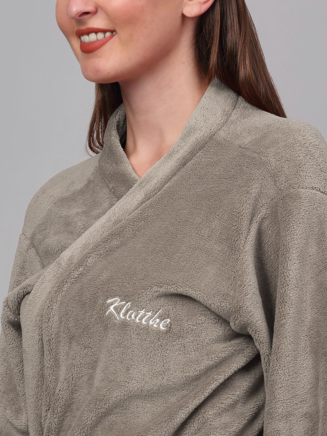 KLOTTHE Woolen Taupe Shawl Collar Bath Robe With Belt