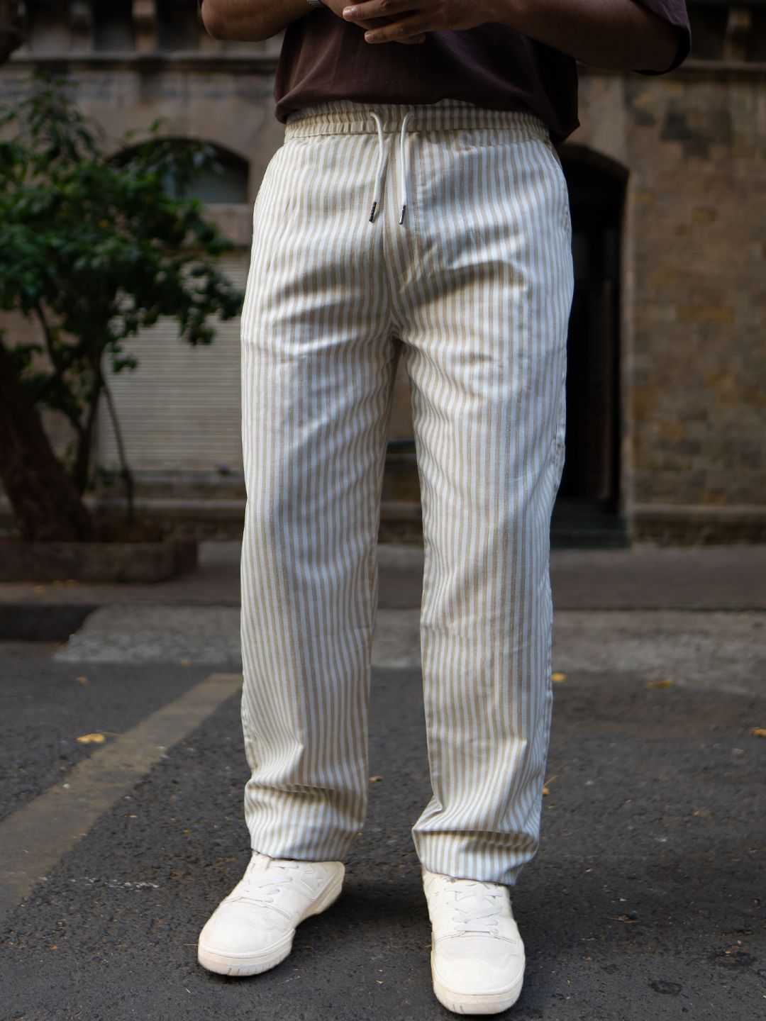 Powerlook Men Beige Stripe Linen Pant