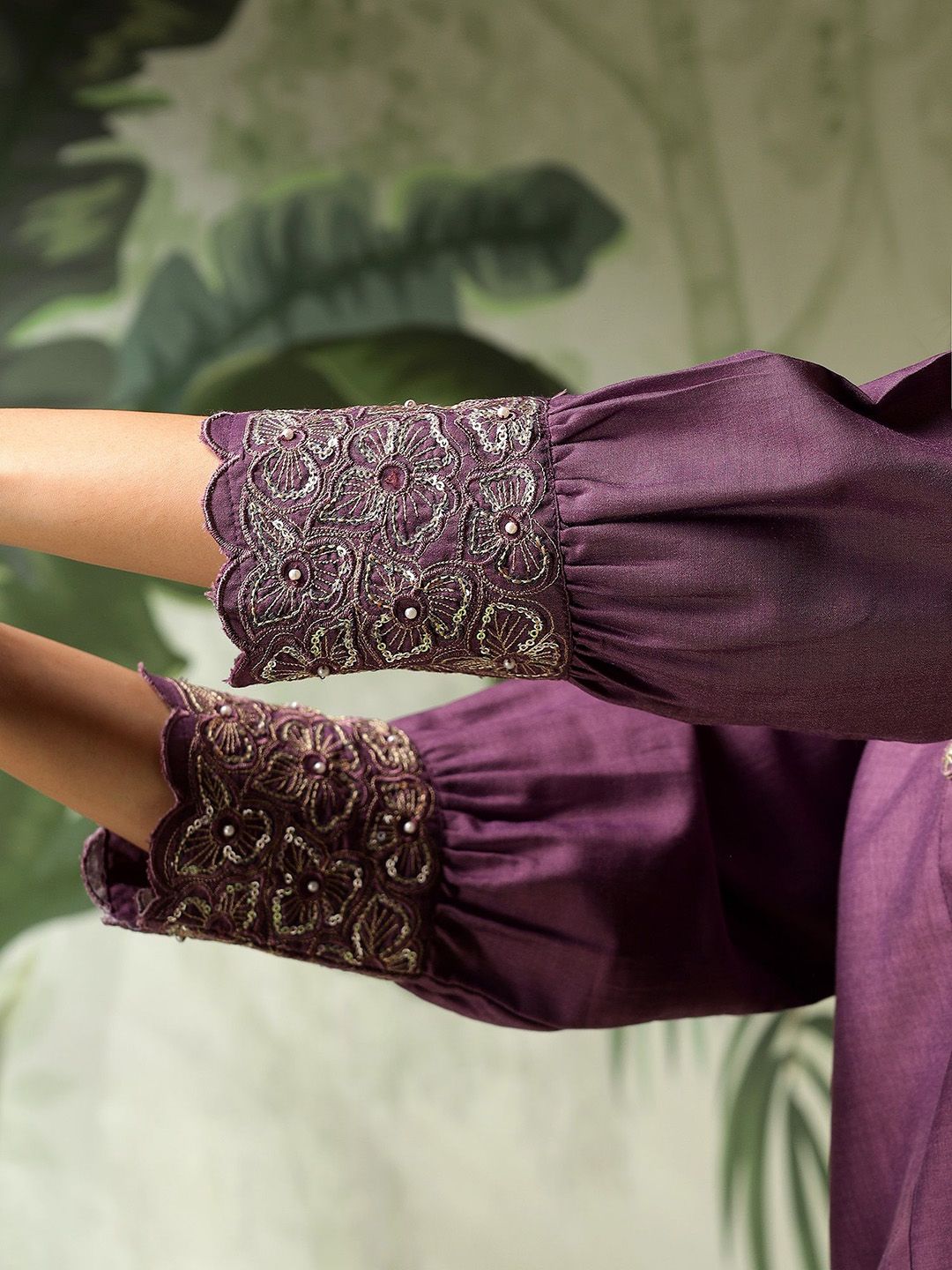 Bani Women Embroidered Puff Sleeves Pure Silk Shirt With Trousers