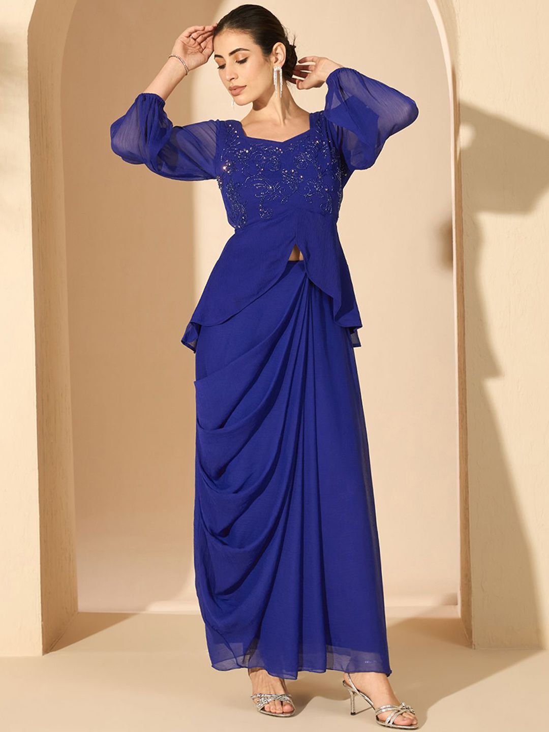 Antheaa Blue Embellished Square Neck Top & Skirt