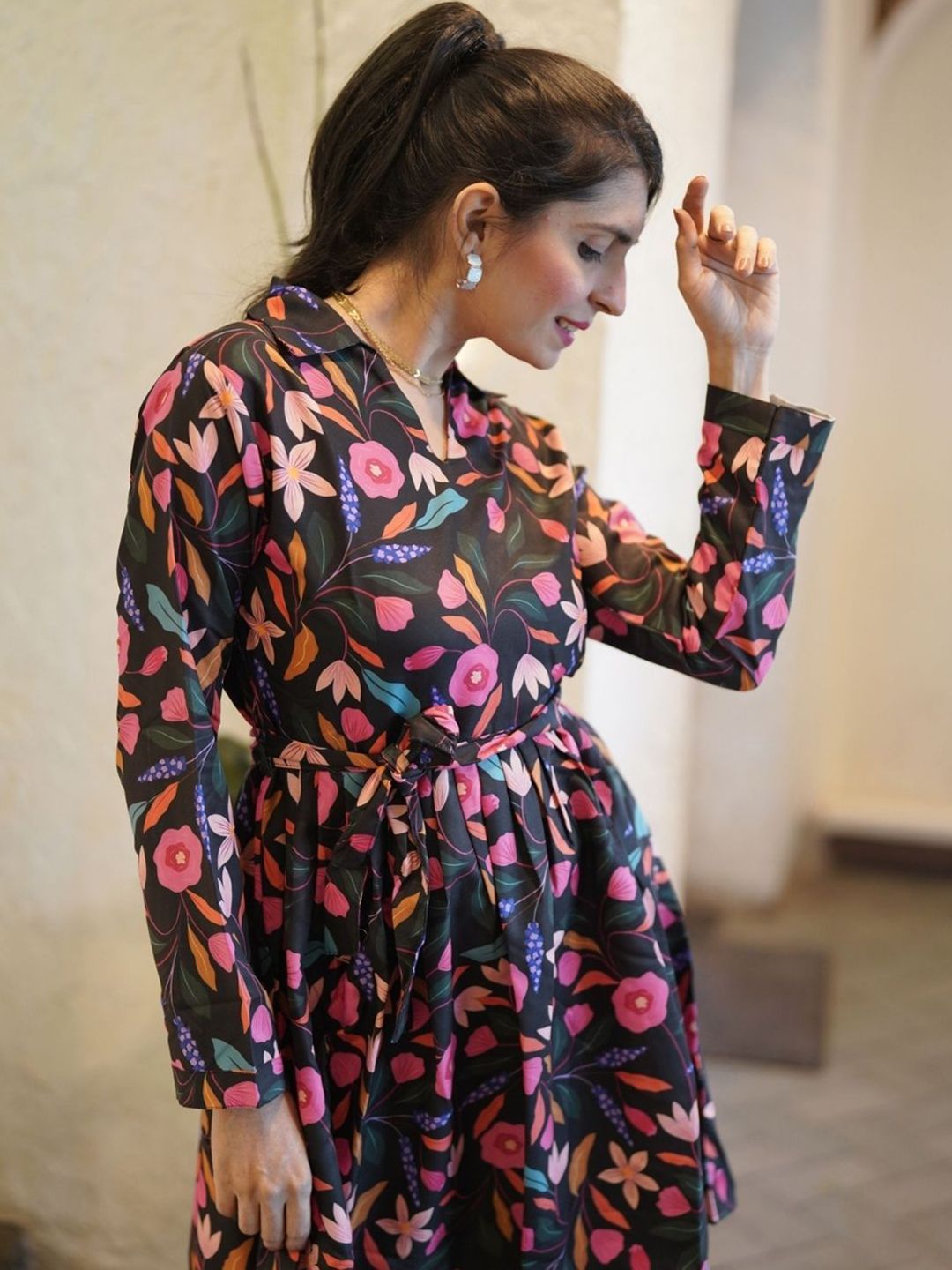 KALINI Women Floral Printed Fit & Flared Shirt Collar Above Knee Ethnic Dress