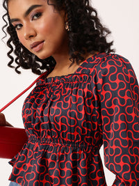 DressBerry Abstract Adventure Puff Sleeve A-Line Top