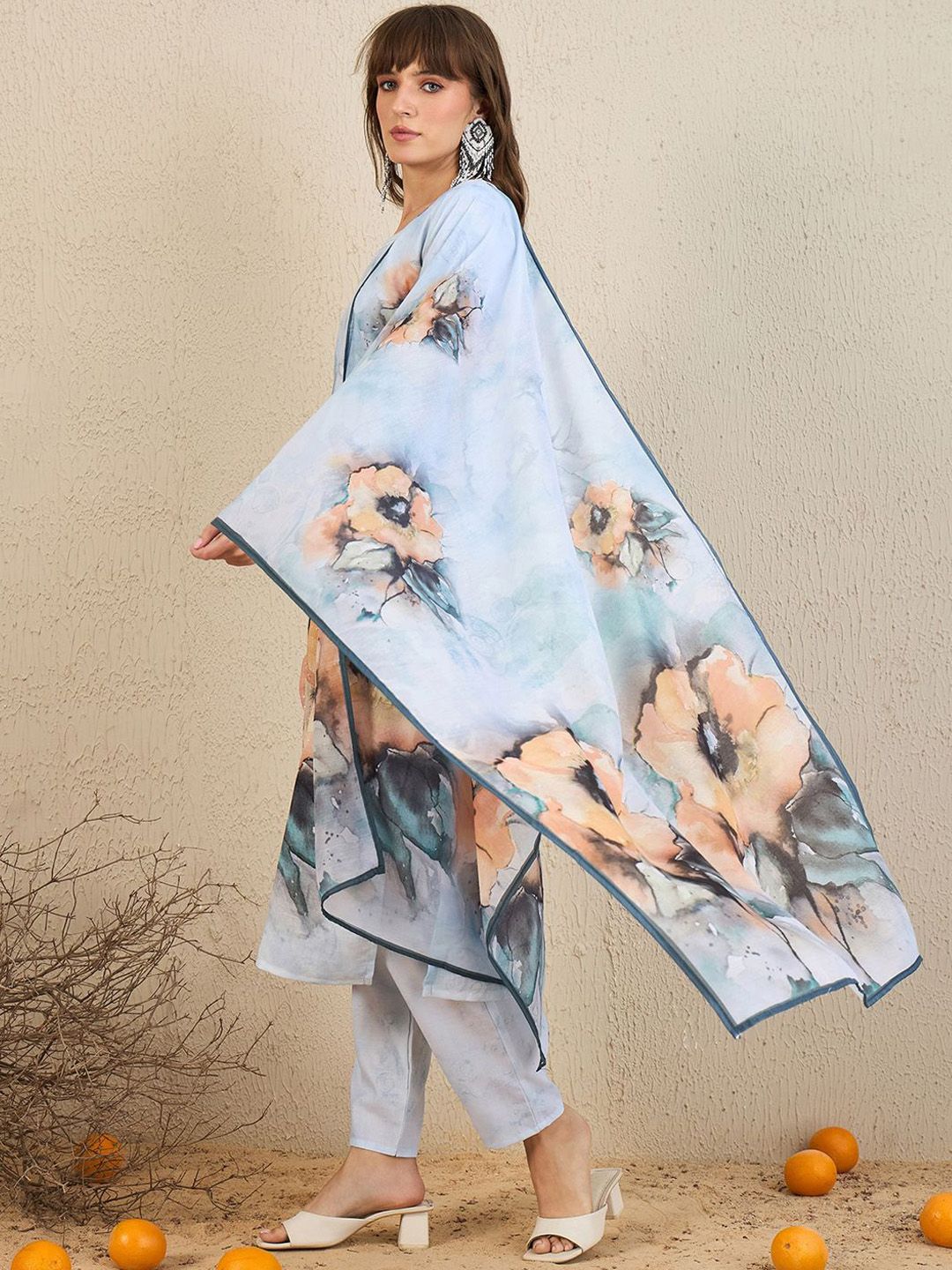 Indo Era Floral Printed Beads And Stones Straight Kurta With Trousers & Dupatta