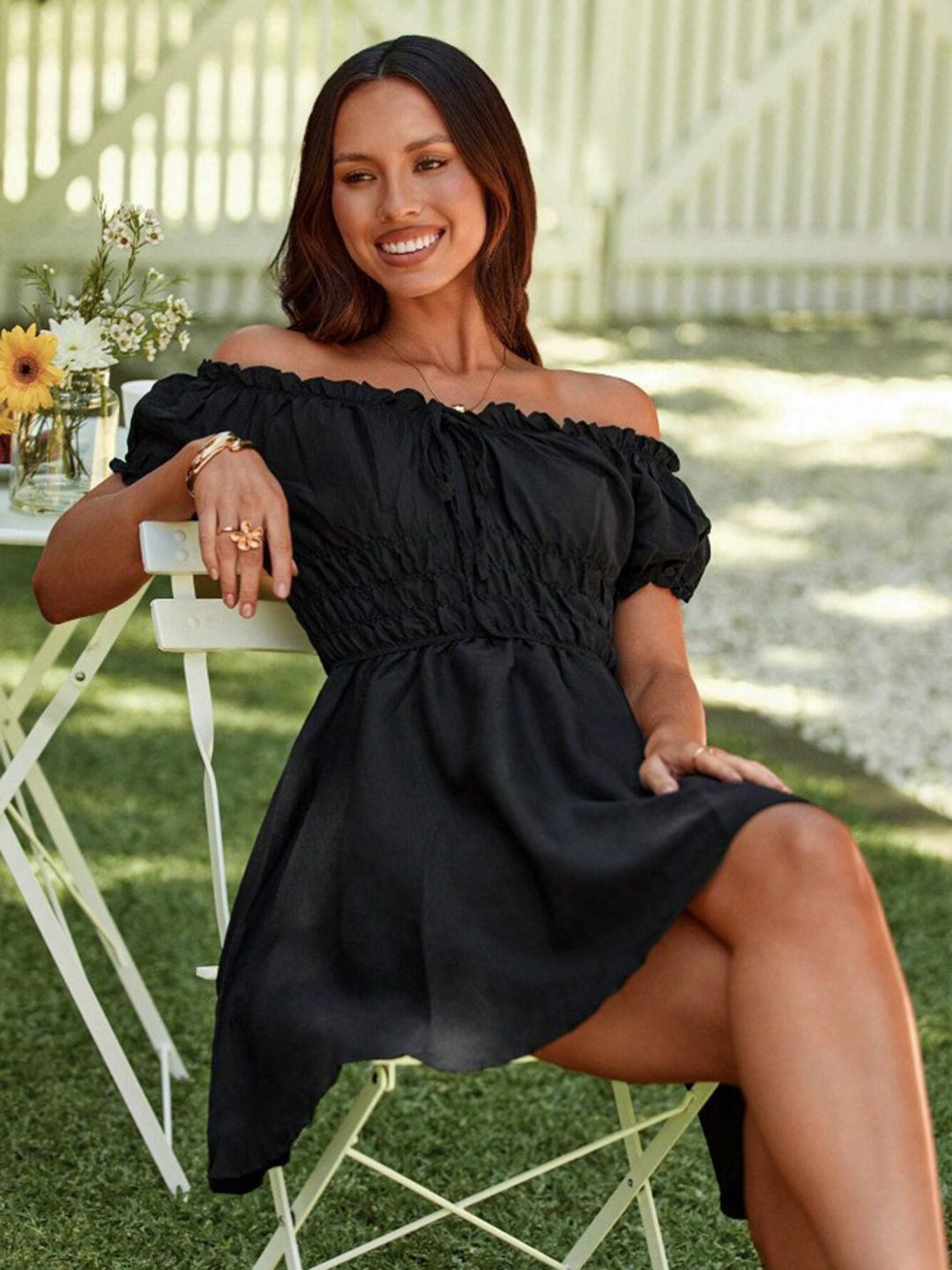 Berrylush Off-Shoulder Bishop Sleeve A-Line Dress