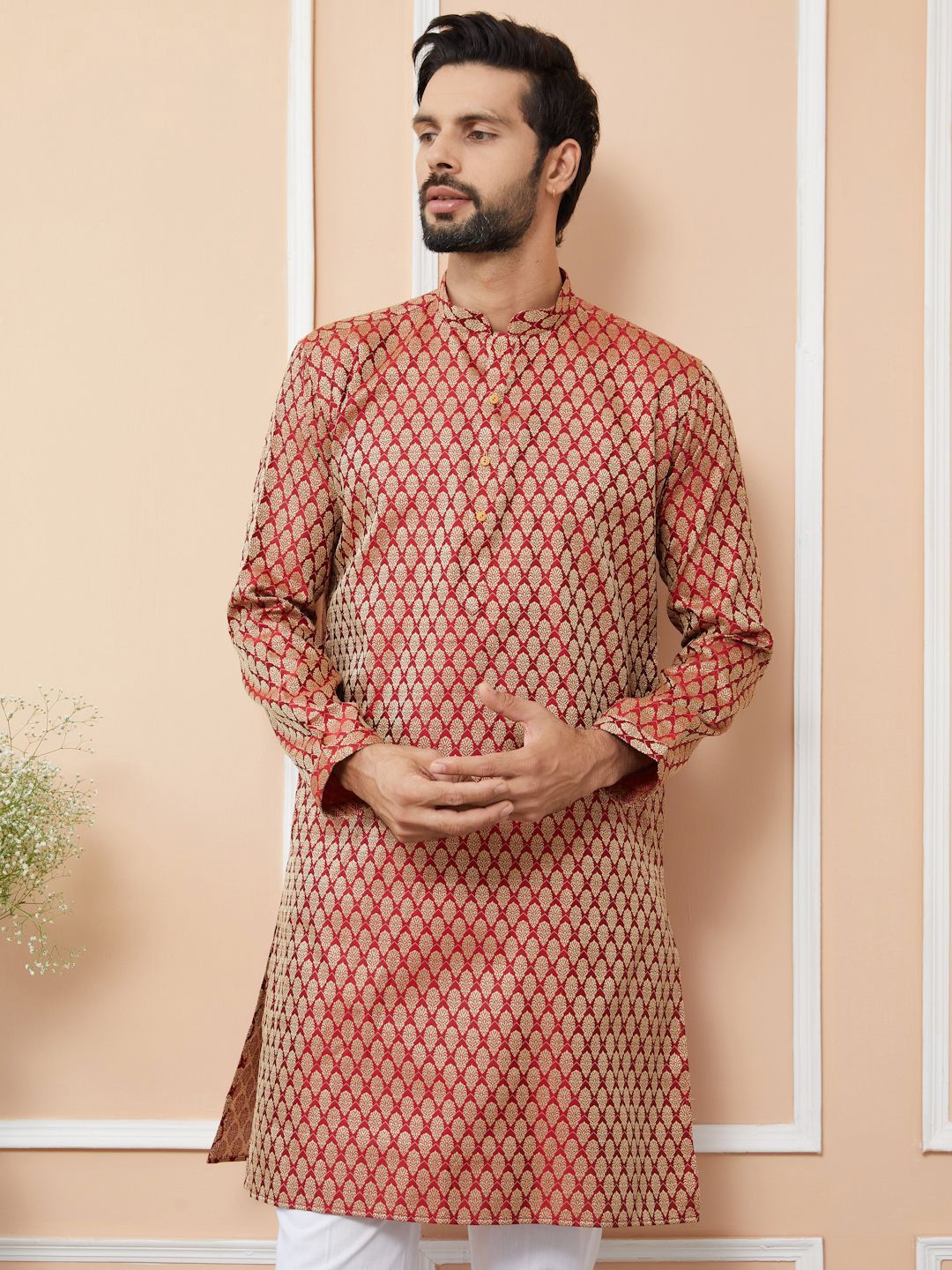 See Designs Ethnic Motifs Woven Design Mandarin Collar Silk Jacquard Straight Kurta