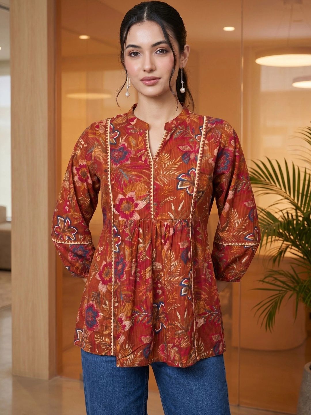 Mamicha Floral Print Mandarin Collar Puff Sleeve Cotton Peplum Top