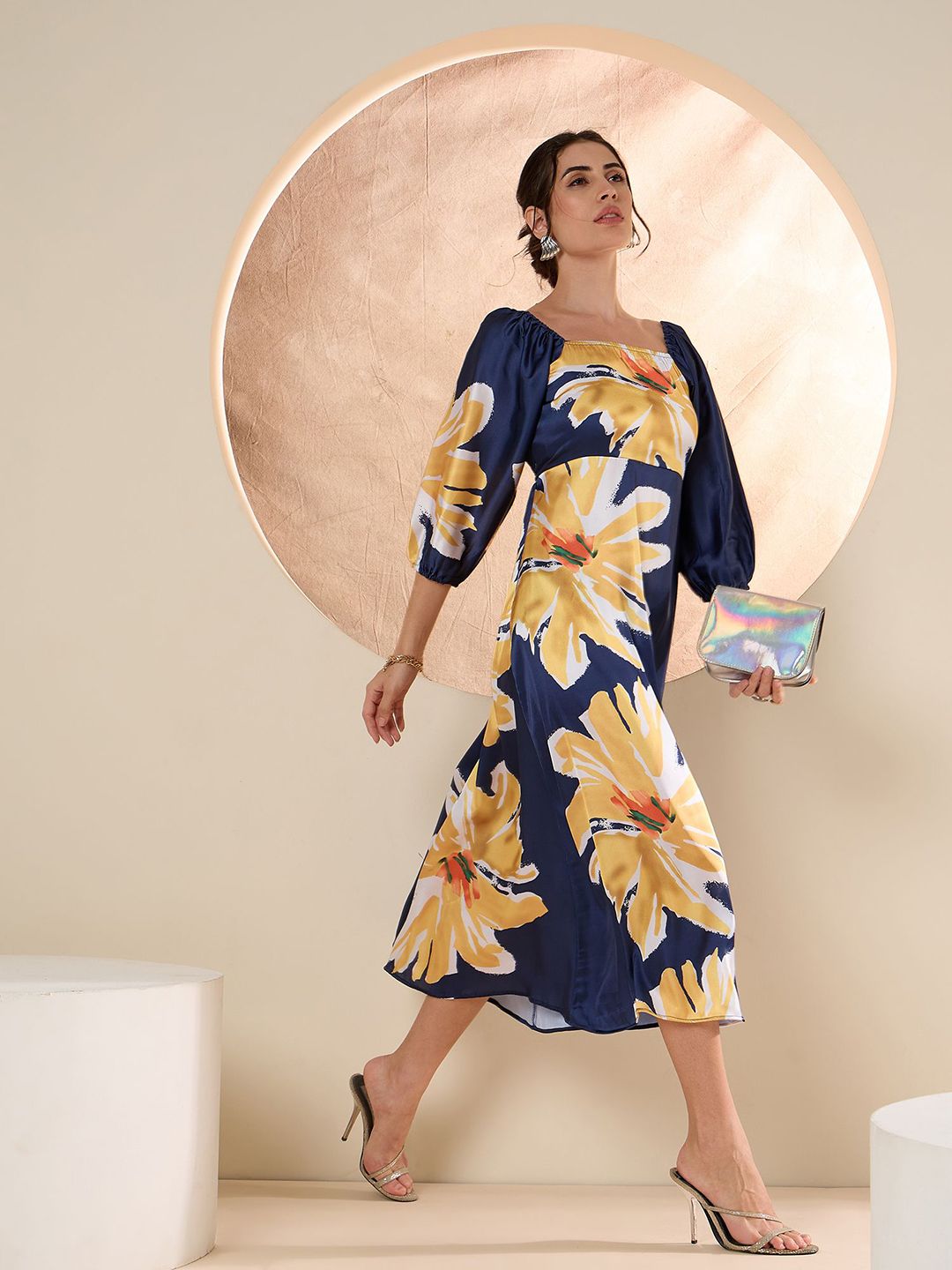 Antheaa Floral Printed Satin A-Line Midi Dress