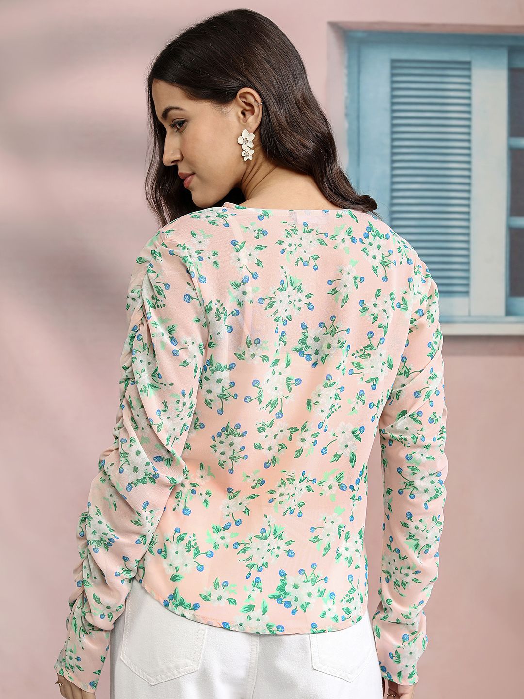 Tokyo Talkies Floral Print Puff Sleeve Twisted Peplum Top