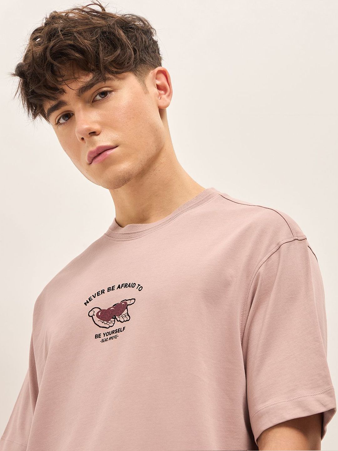 THE BEAR HOUSE Typography Printed Drop Shoulder Sleeves Pure Cotton Oversized T-shirt