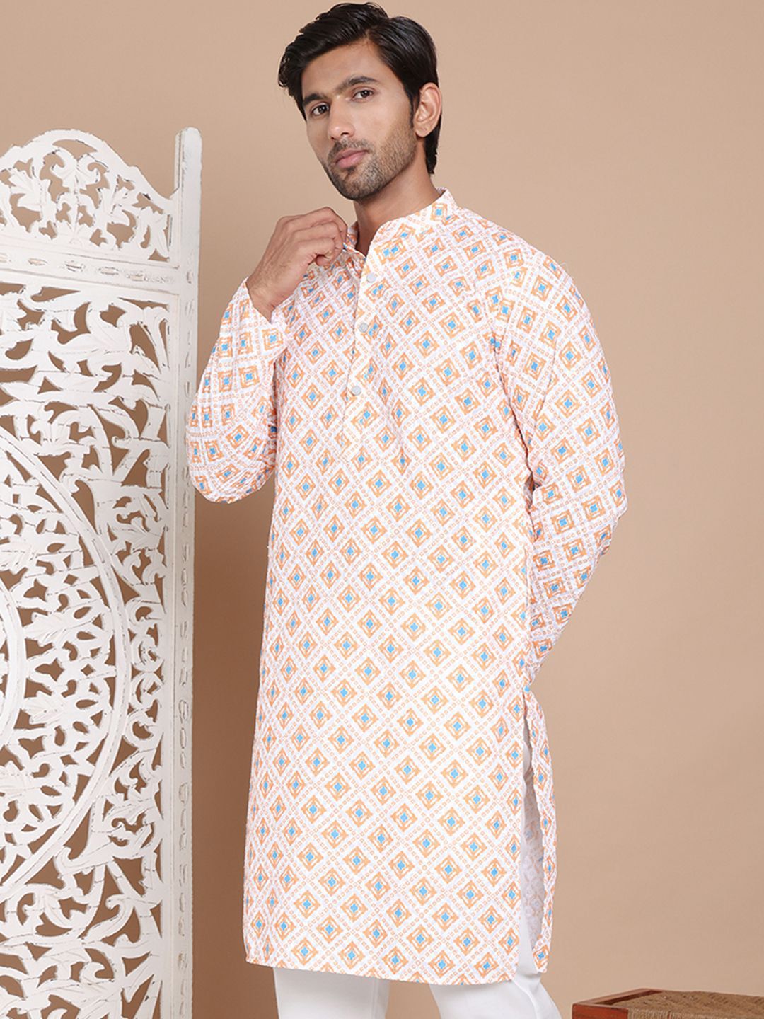 Jompers Men Geometric Printed Chikankari Kurta