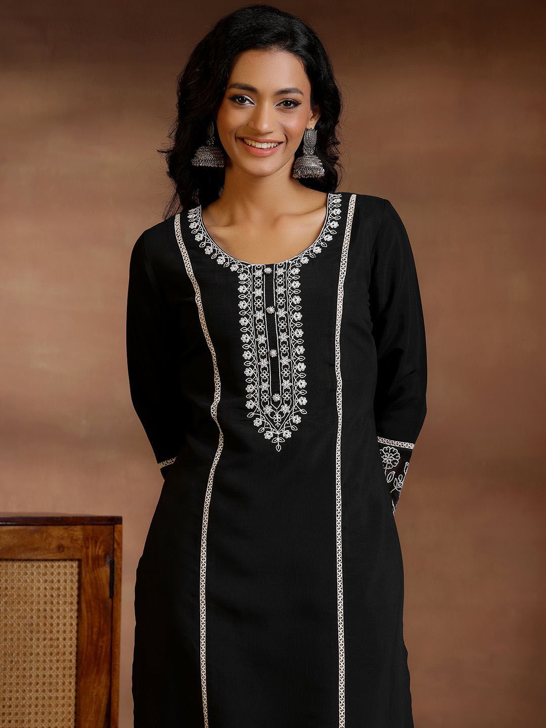 Libas Floral Yoke Design Panelled Sequinned Kurta with Trousers & Dupatta