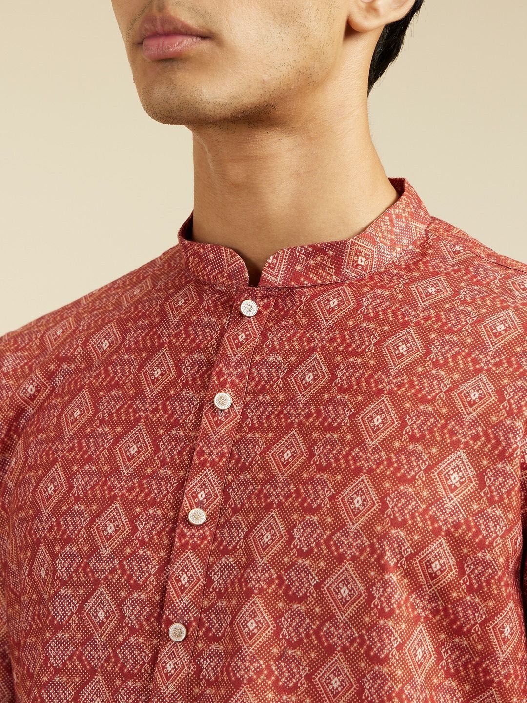 Diwas by Manyavar Geometric Printed Mandarin Collar Cotton Straight Kurta