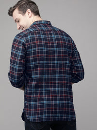 THE BEAR HOUSE Men Navy Blue Slim Fit Checked Flannel Pure Cotton Casual Shirt