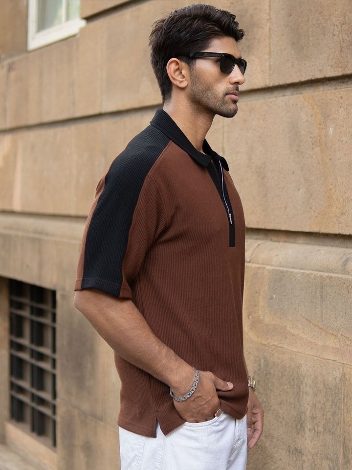 Powerlook Colourblock  Polo Collar Drop-Shoulder Sleeves Oversized T-shirt