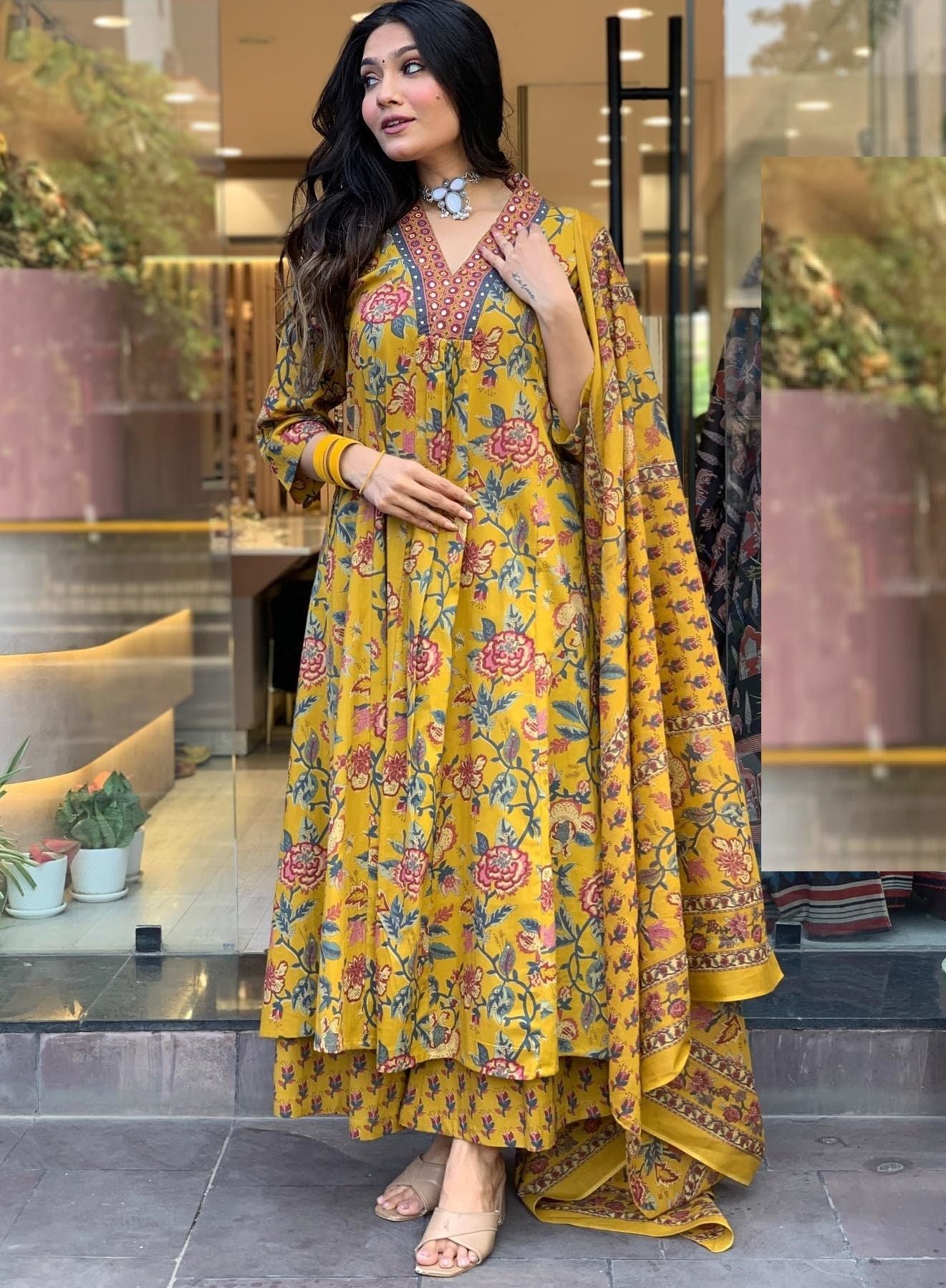 KALINI Floral Printed V-Neck Pleated A-Line Kurta With Palazzo And Dupatta