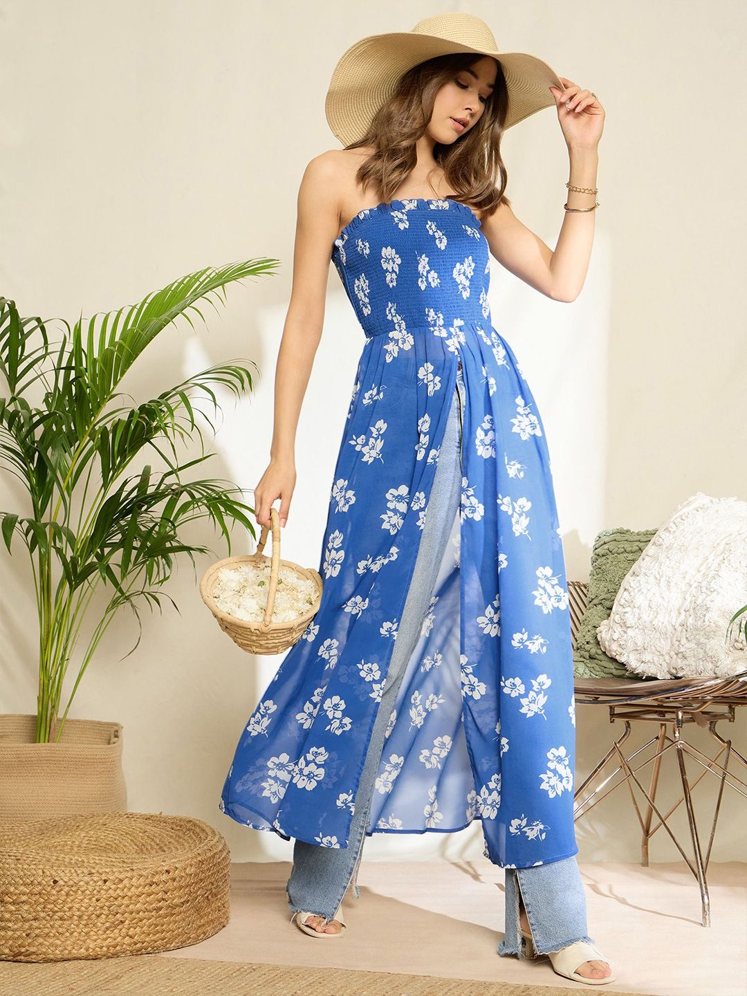 Berrylush Women Floral Print Tube Longline Top