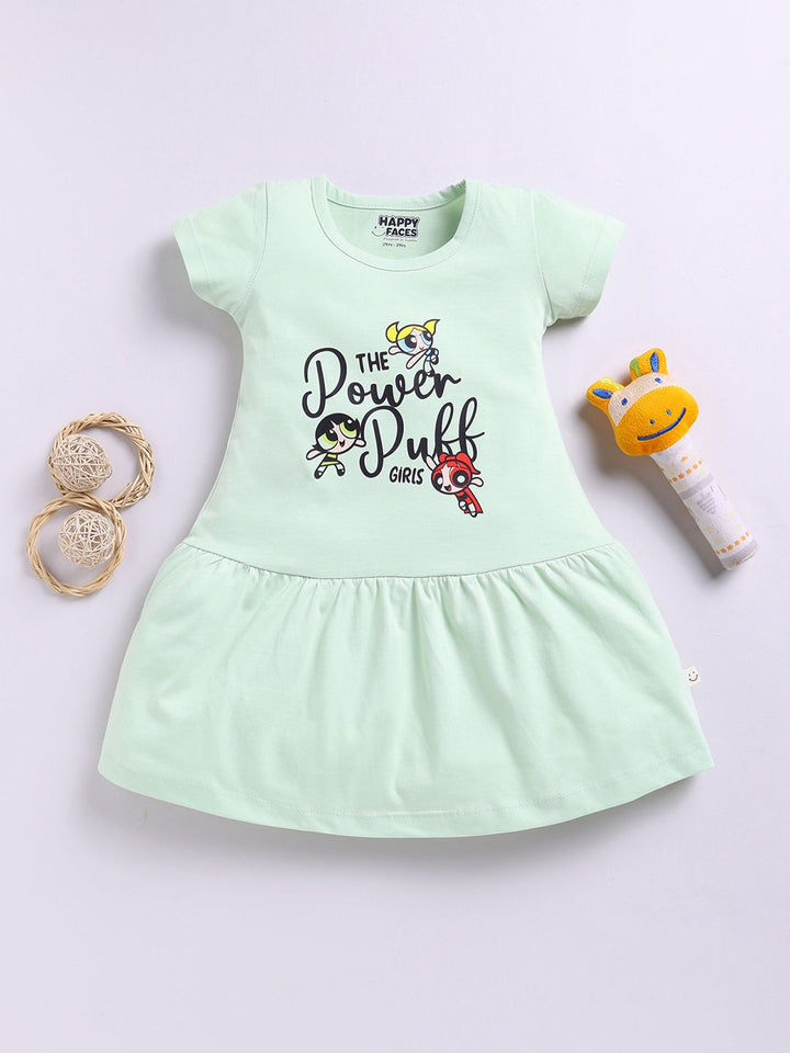 Happy Faces Girls Powerpuff Printed Pure Cotton Fit & Flare Dress
