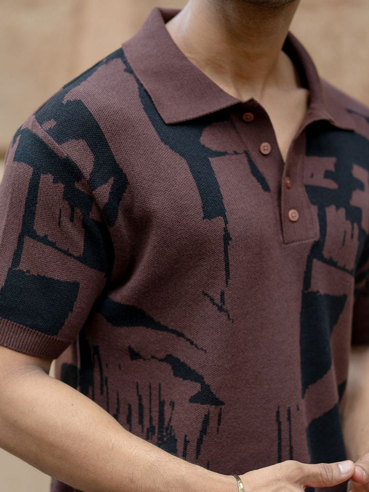 Powerlook SS25 Abstract Printed Polo Collar Jacquard Knitted Pure Cotton T-Shirt