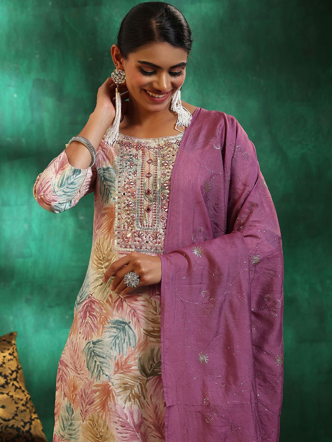 Libas Floral Printed Regular Thread Work Straight Kurta with Trousers & Dupatta