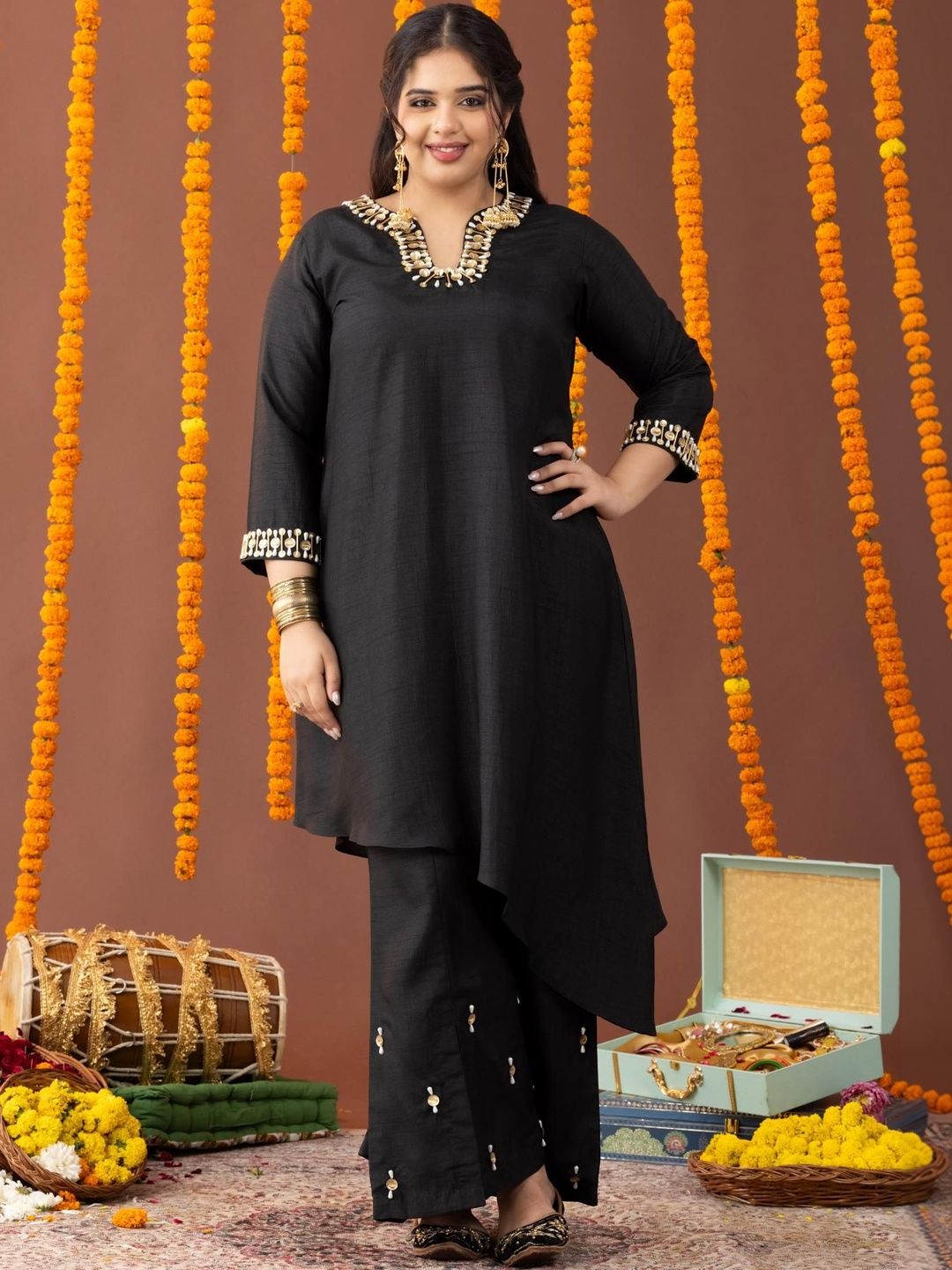 Mamicha Embroidered V-Neck Top & Trousers Co-Ords