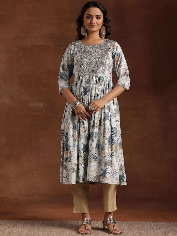 Libas Floral Printed Mirror Work High Slit Straight Kurta