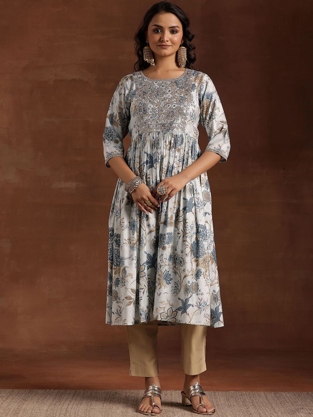 Libas Floral Printed Mirror Work High Slit Straight Kurta