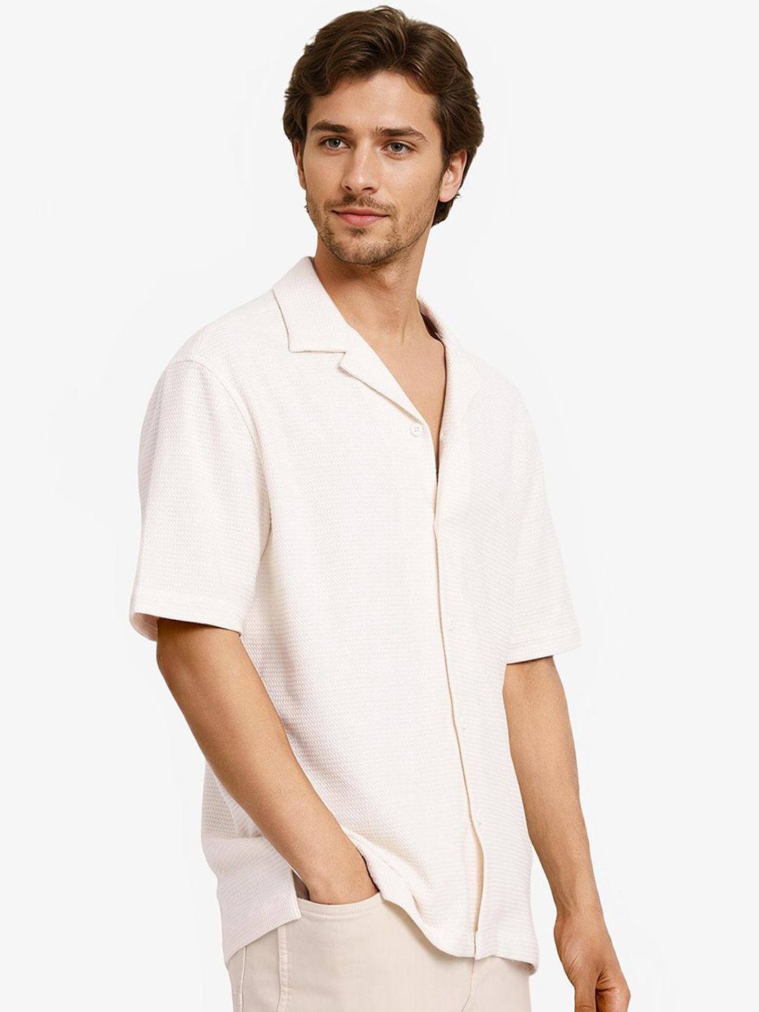 RARE RABBIT Men Comfort Cuban Collar Solid Cotton Boxy Casual Shirt