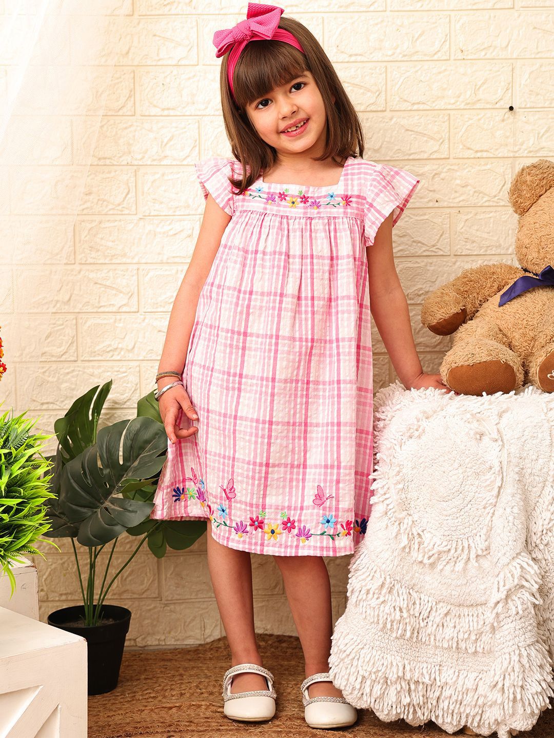 Nauti Nati Girls White Checked A-Line Dress