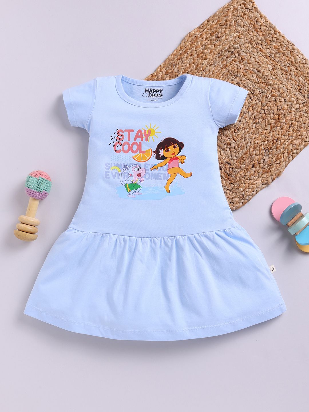 Happy Faces Girls Dora Printed Pure Cotton Fit & Flare Dress