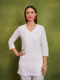 HOUSE OF KARI Floral Embroidered V-Neck Cotton Chikankari Short Kurta