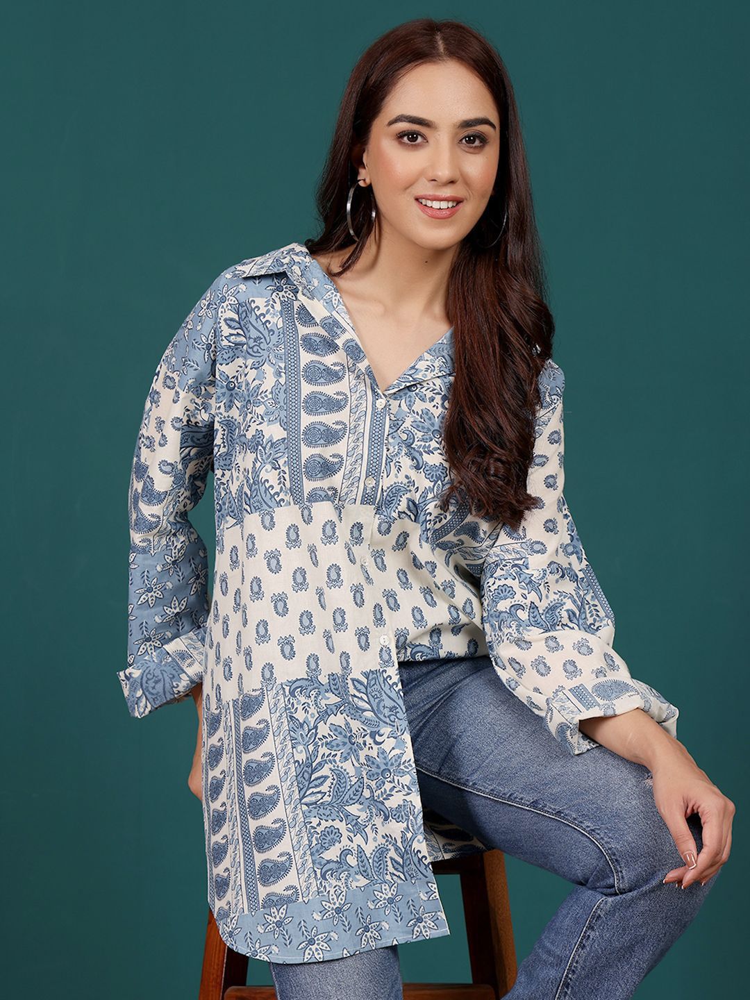 Varanga Print Cotton Shirt Style Longline Top